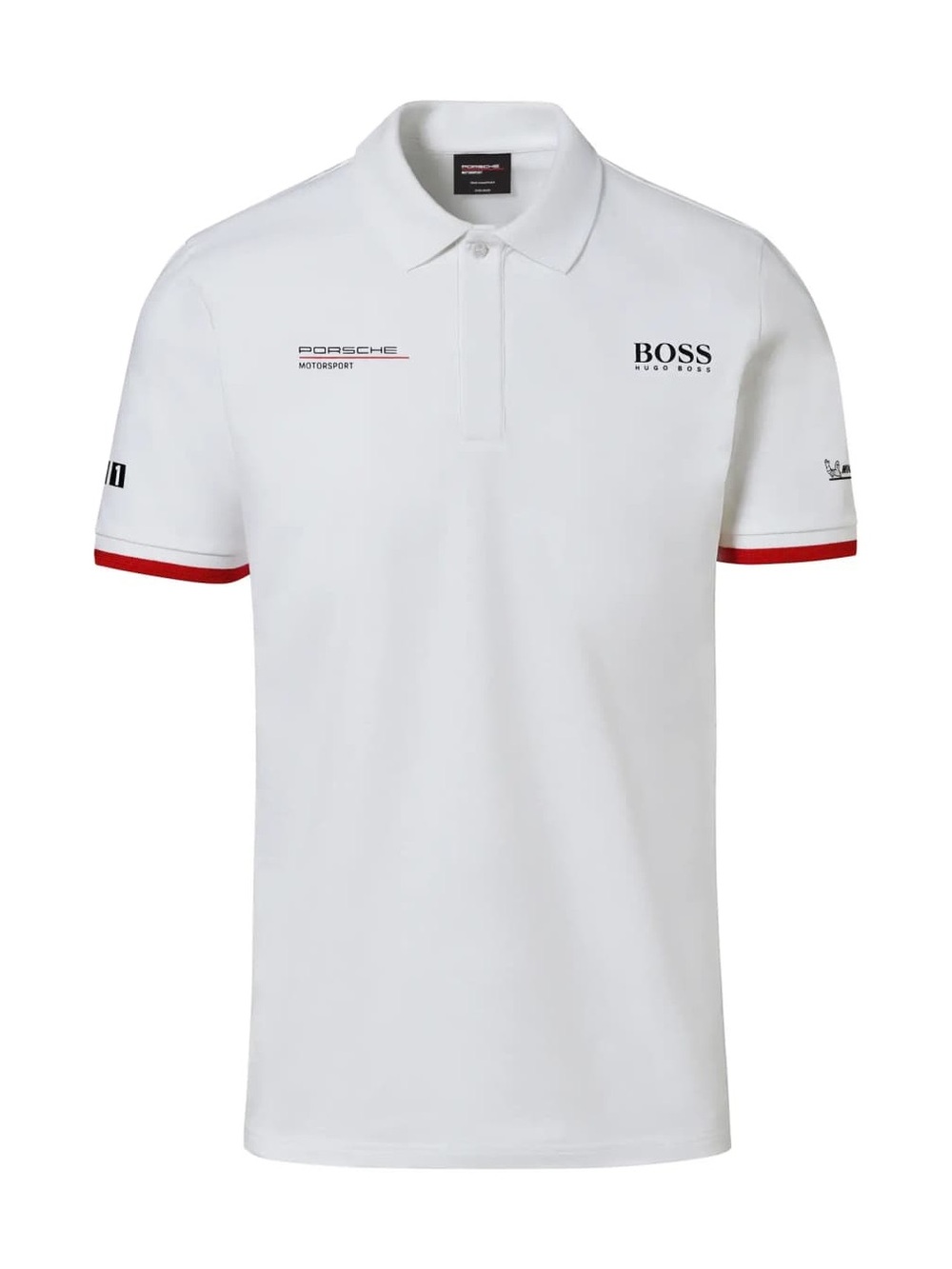 Porsche Motorsport White Men’s Polo with Red Sleeve Trim with Details